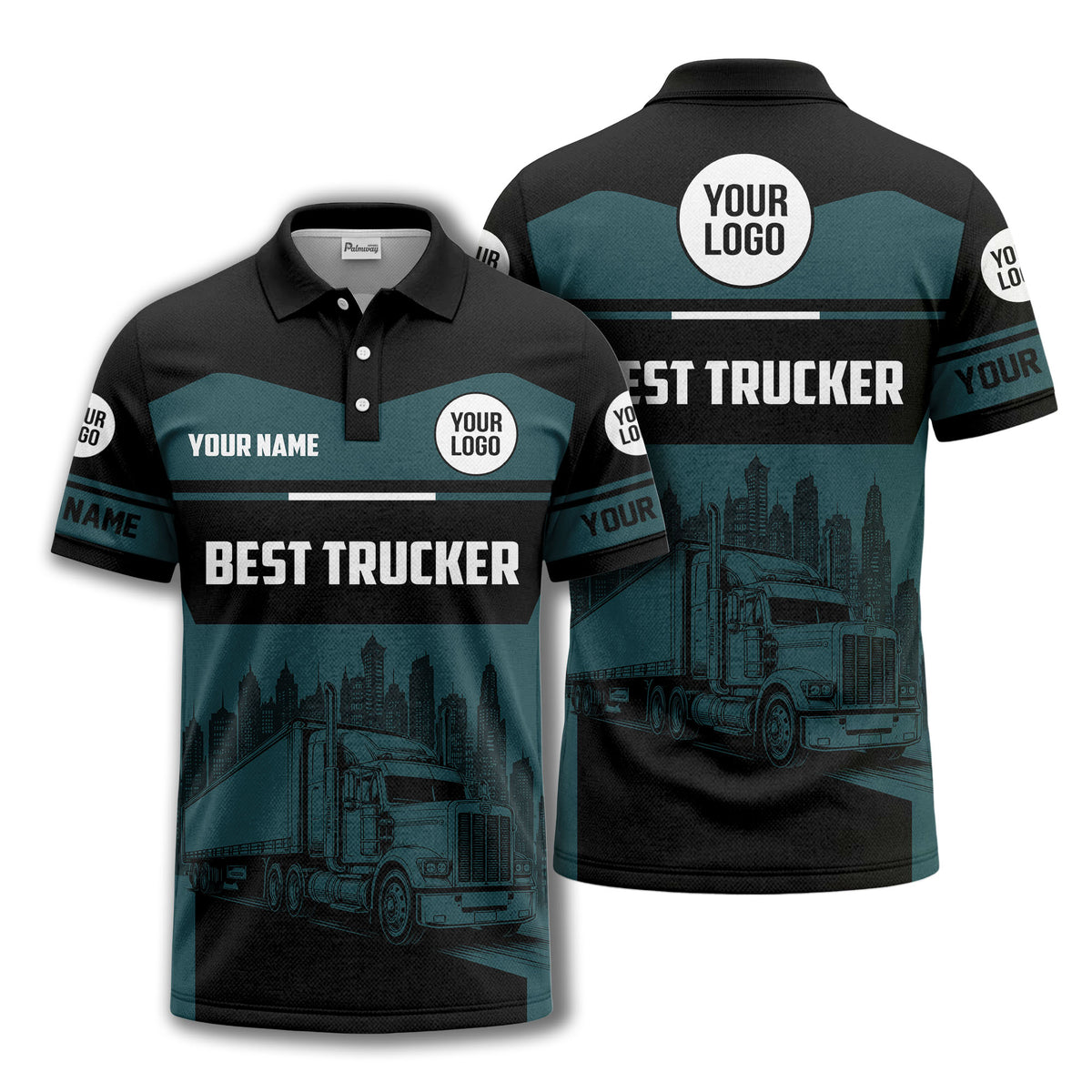 semi-truck cityscape graphic polo shirt for trucker pride