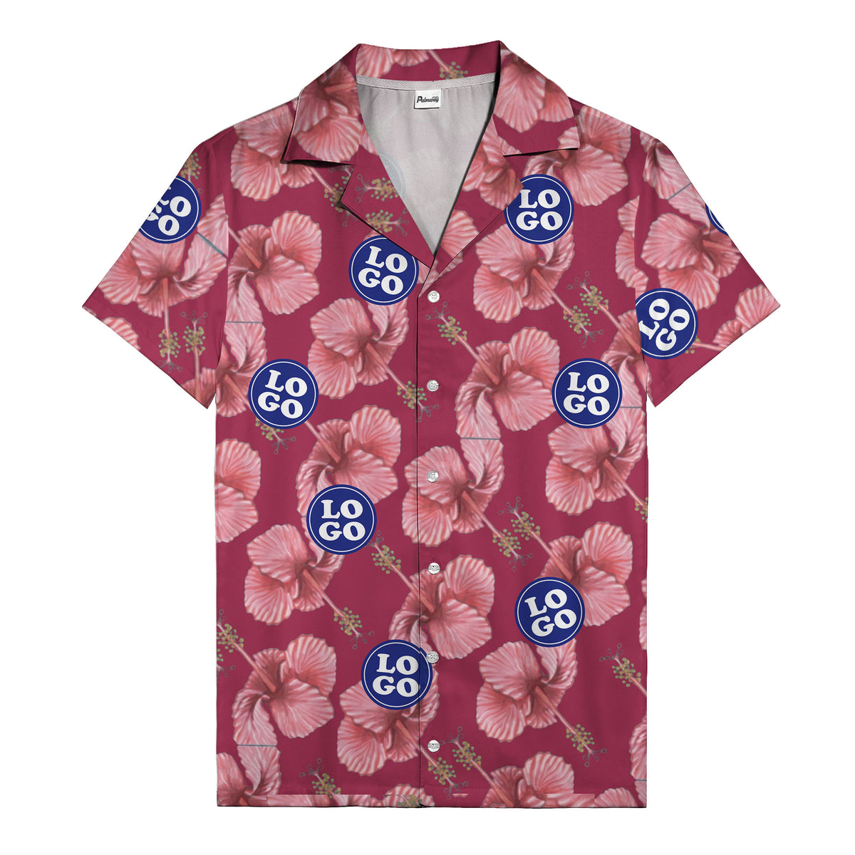 watercolor pink hibiscus & blue logo repeat aloha hawaiian shirt
