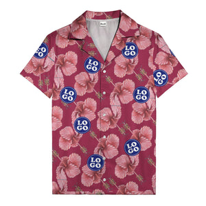 watercolor pink hibiscus & blue logo repeat aloha hawaiian shirt