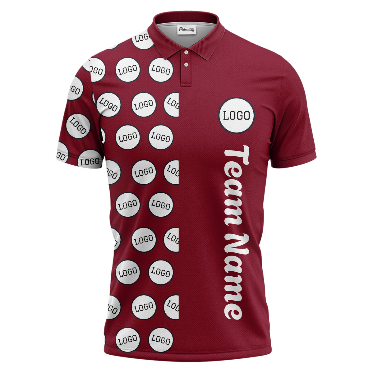 custom team logo polka dot repeat black & white polo shirt for men