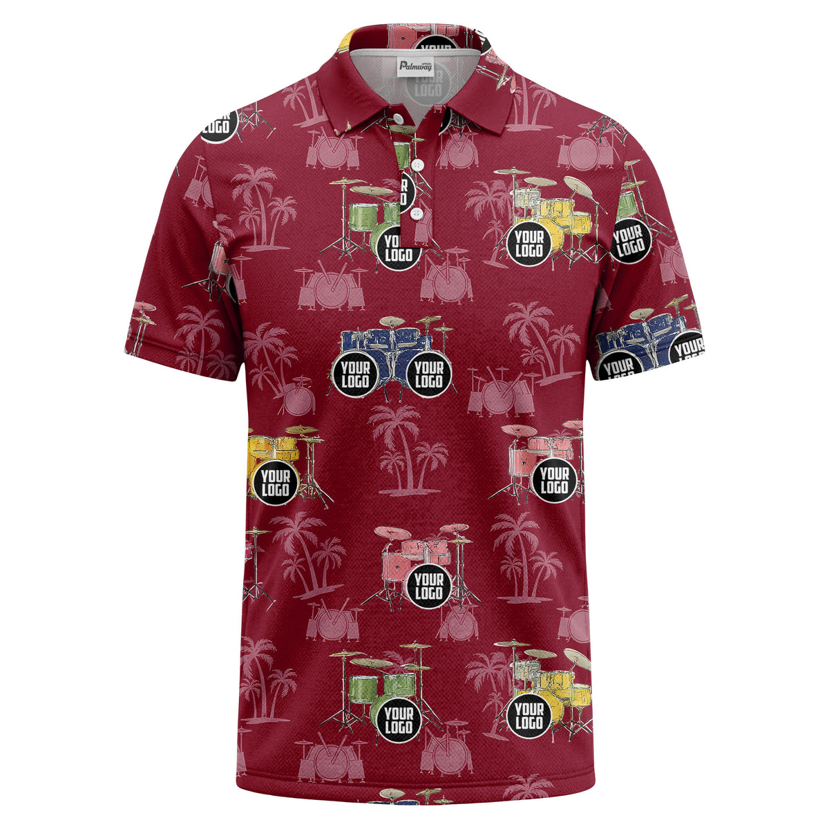 drum kit & palm tree repeat rock band polo shirt for men