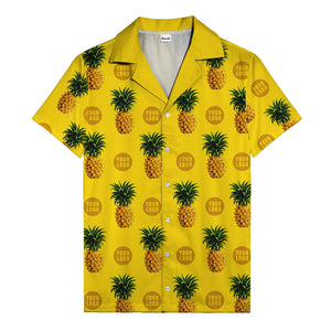 golden pineapple repeat & custom logo circles black hawaiian shirt