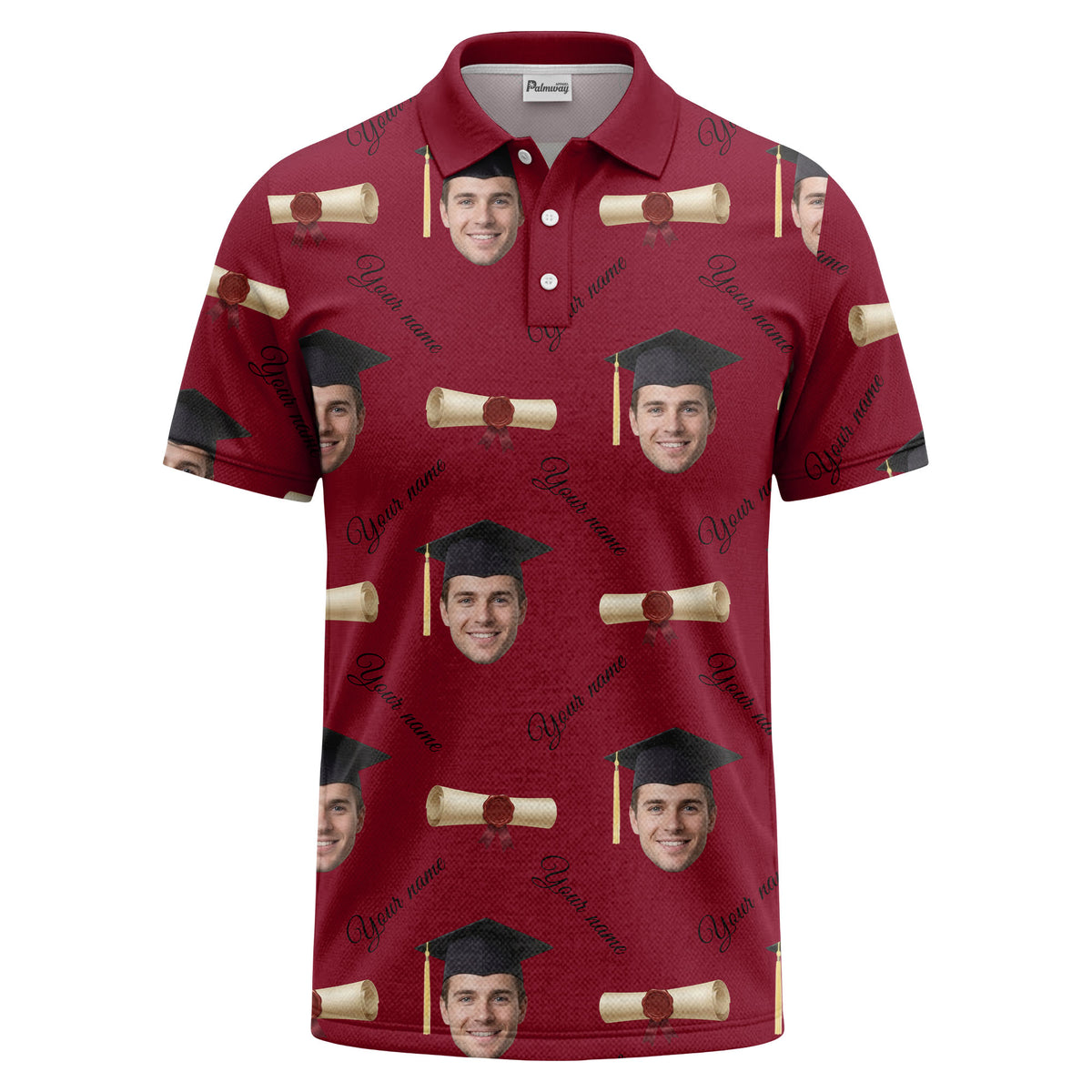 graduation caps & diploma scrolls over personalized faces polo shirt