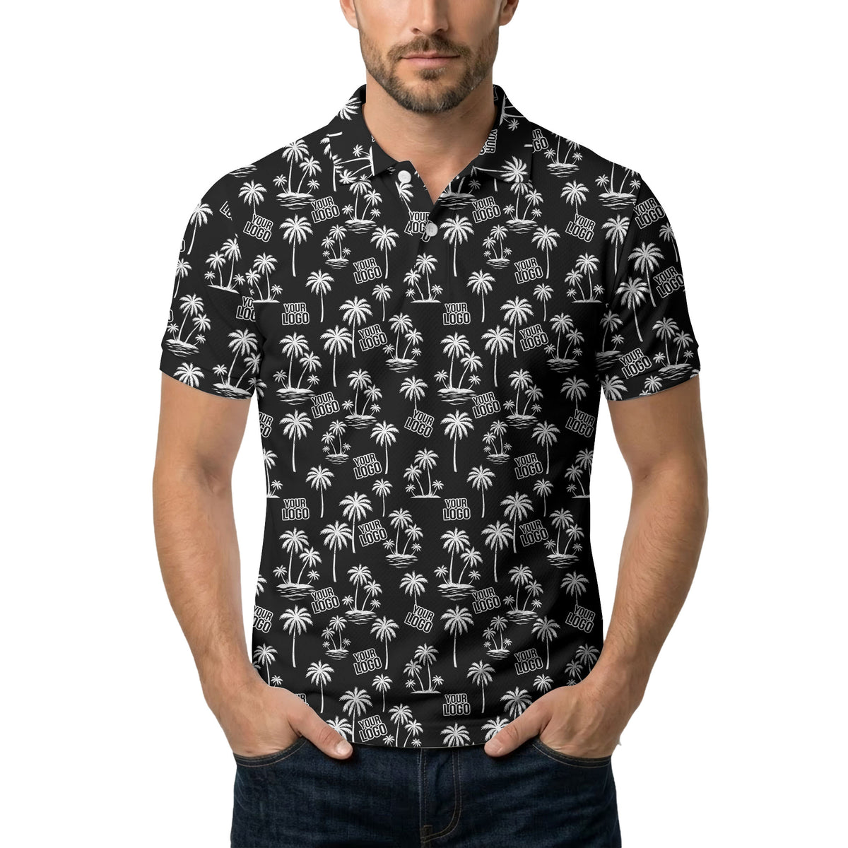 monochrome palm trees & custom logo repeat black white polo shirt