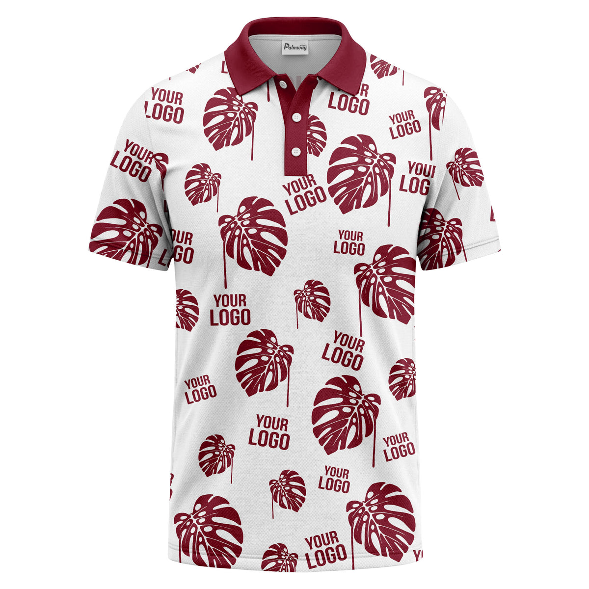 monstera leaves & custom logo repeat black white hawaiian polo shirt