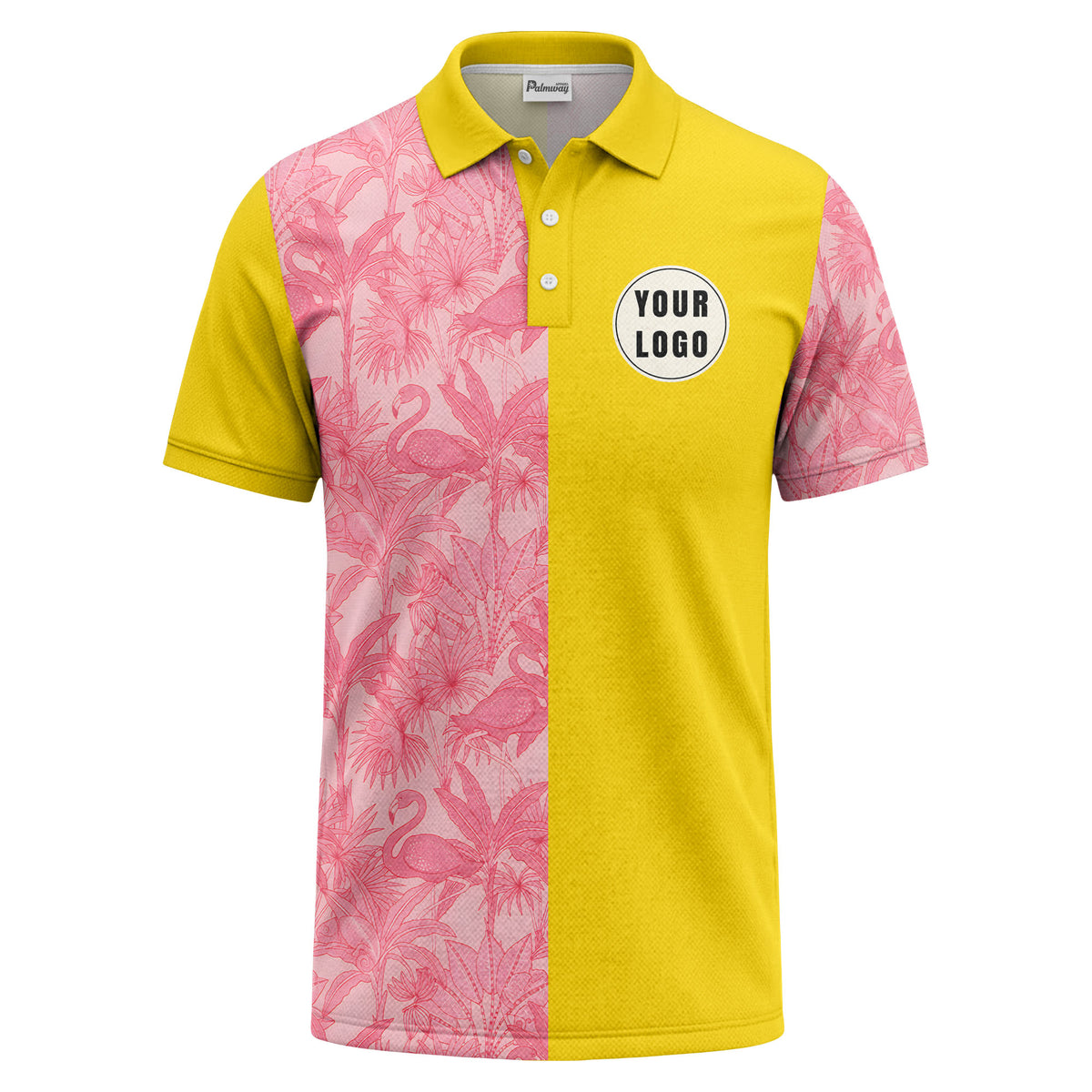 pink flamingo & tropical leaves patterned hawaiian shirt polo shirt