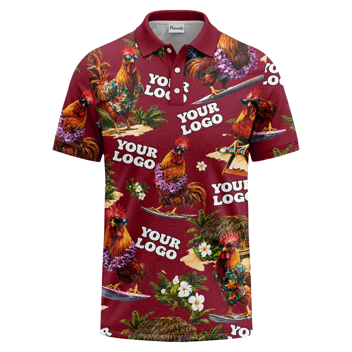 surfing roosters surfboards lei palm trees photorealistic polo shirt