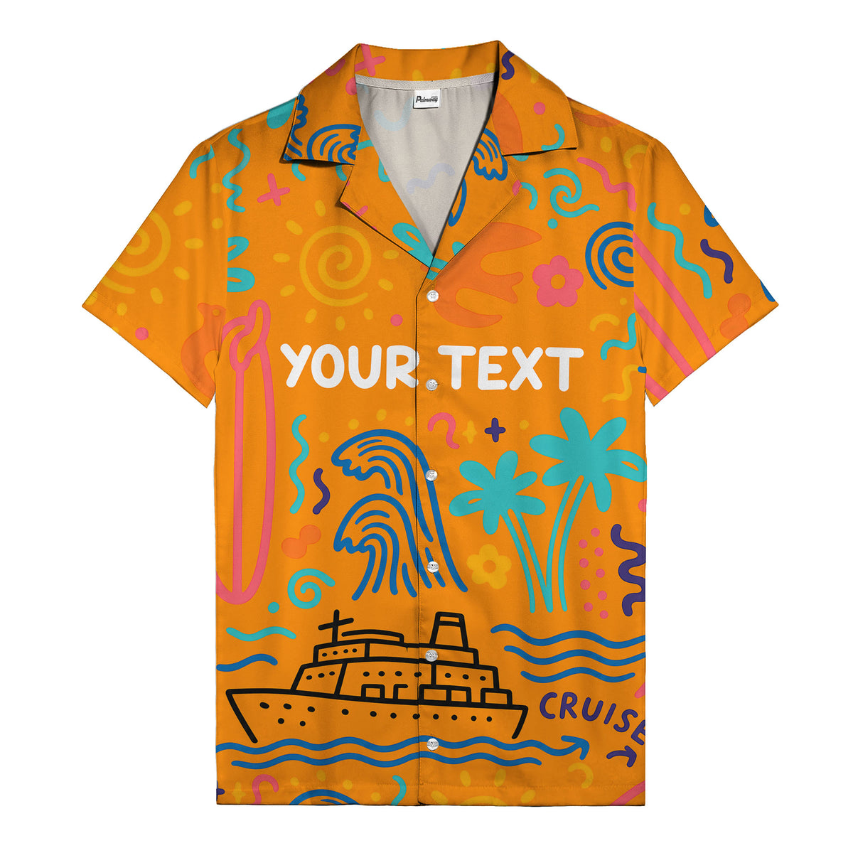 cartoon cruise ship palm trees surfboards wave hawaiian shirt