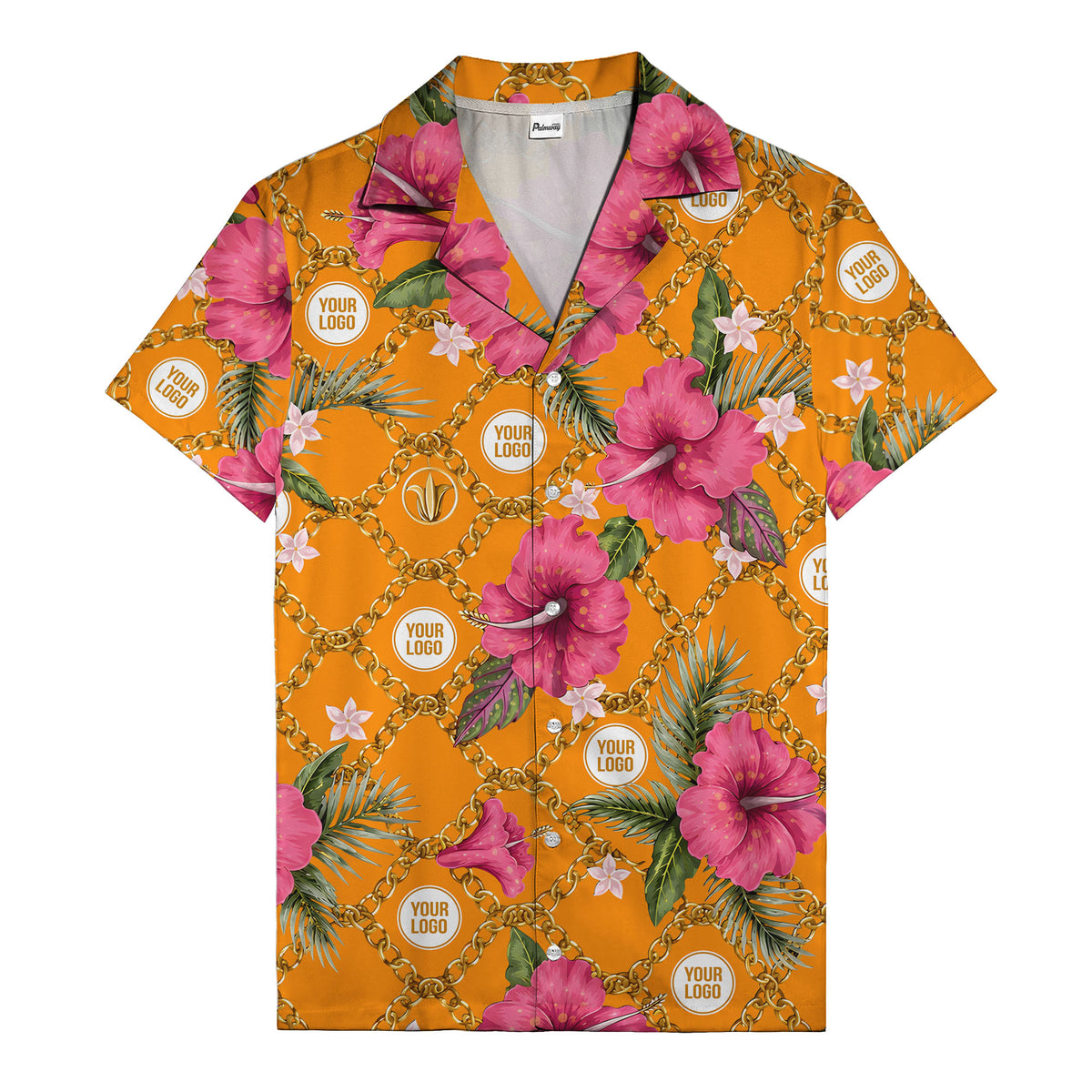 gold chain & pink hibiscus watercolor hawaiian shirt for men