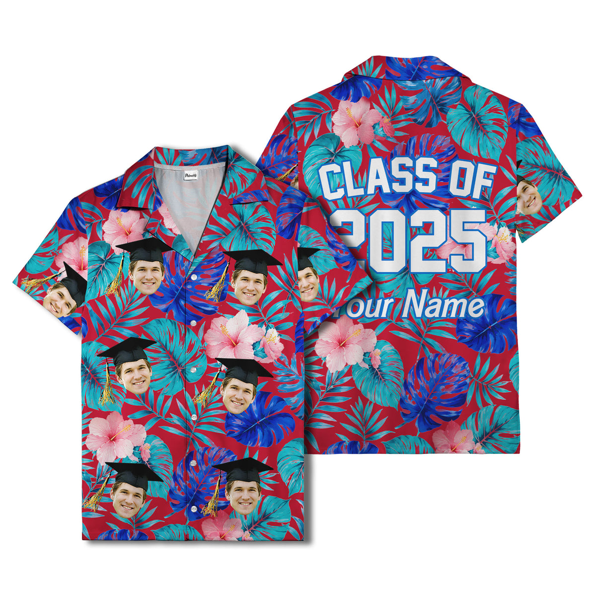 graduation caps tossed over hibiscus blooms on monstera hawaiian shirt