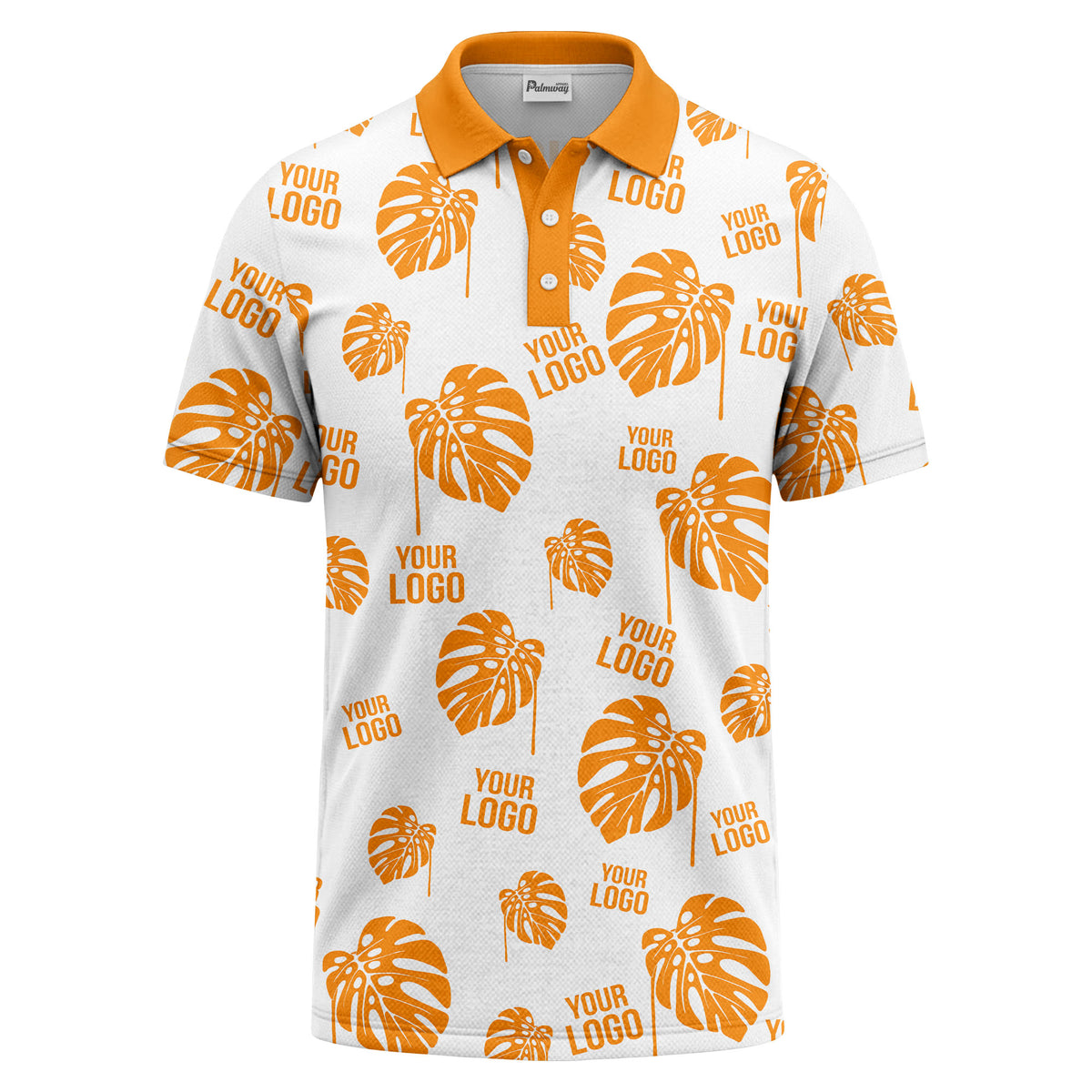 monstera leaves & custom logo repeat black white hawaiian polo shirt