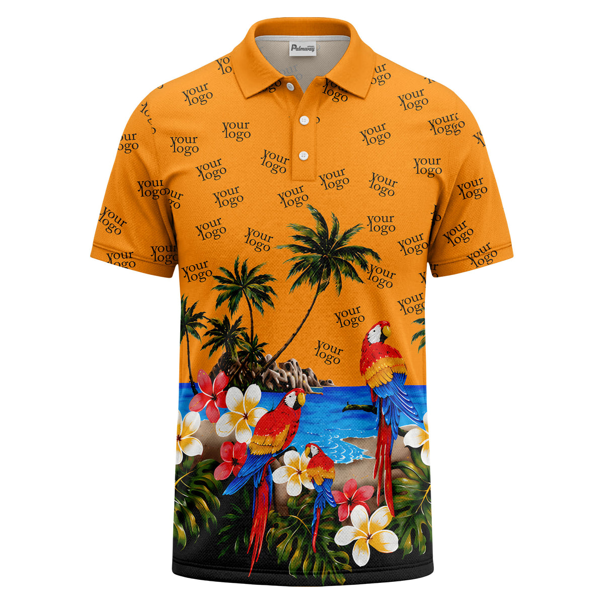 parrot palm plumeria beach watercolor polo shirt