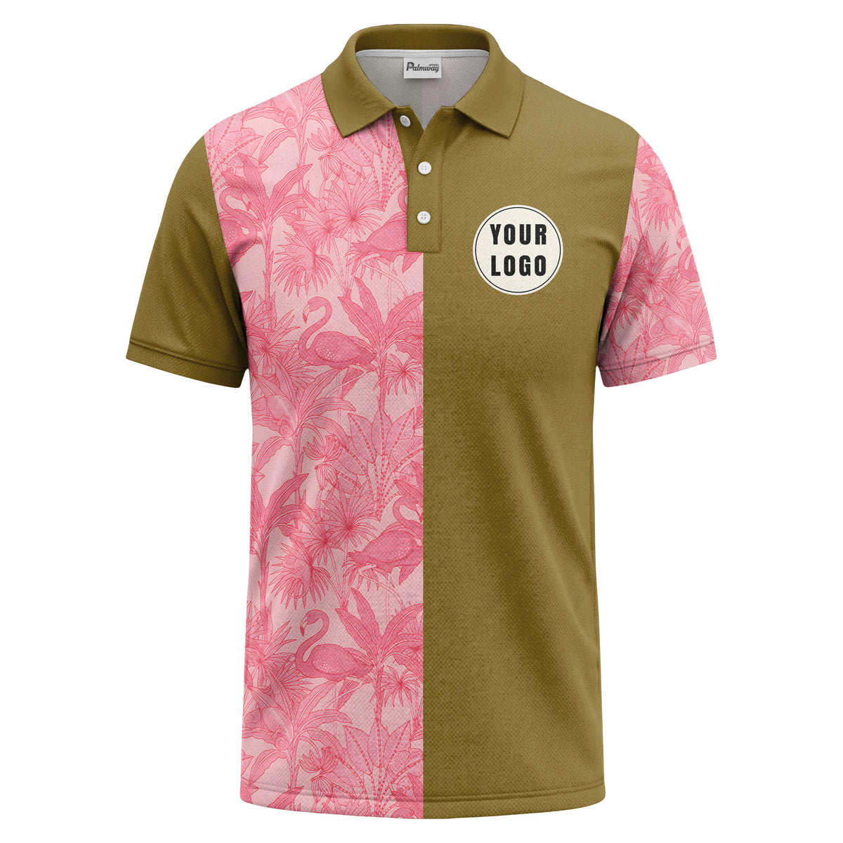 pink flamingo & tropical leaves patterned hawaiian shirt polo shirt