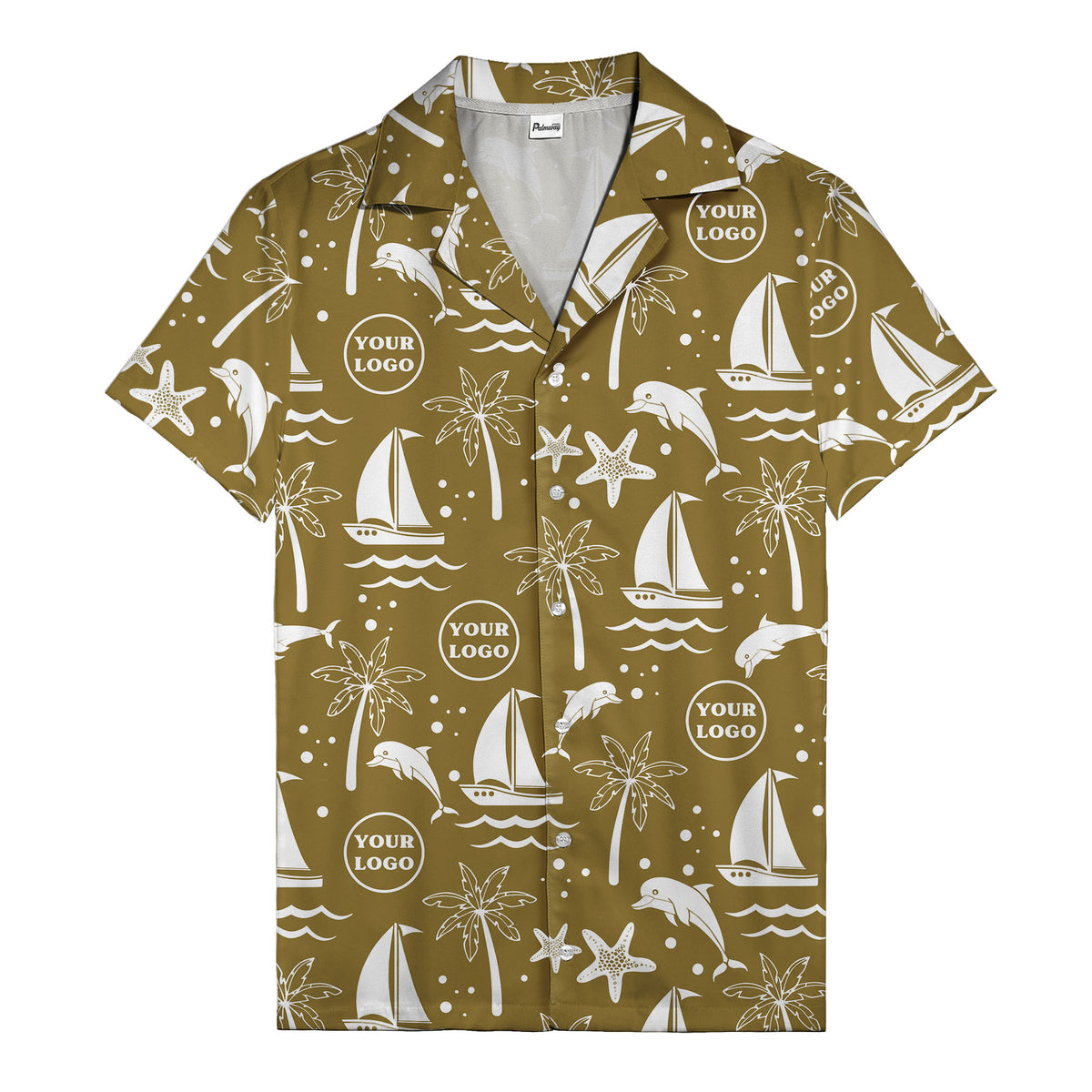 sailboats dolphins palm trees starfish repeat pattern black white hawaiian shirt