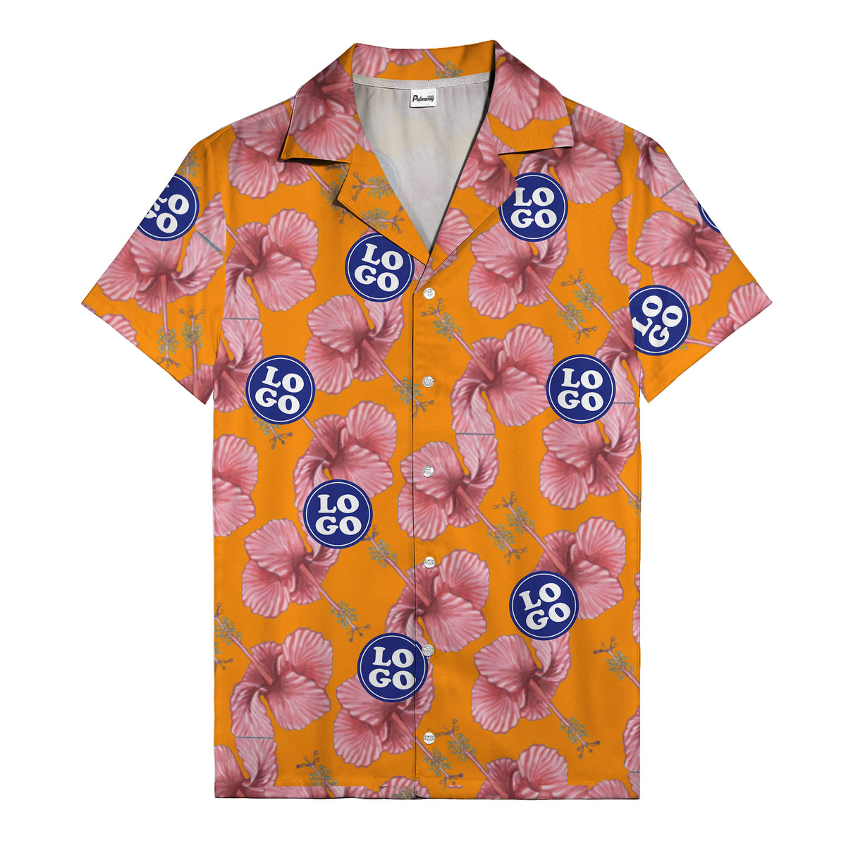 watercolor pink hibiscus & blue logo repeat aloha hawaiian shirt