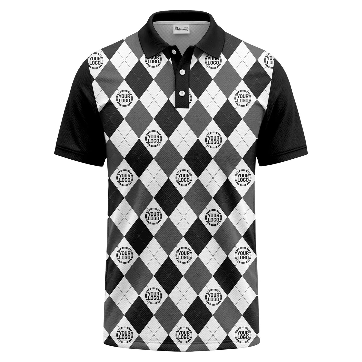 black white argyle diamond repeat pattern polo shirt with custom logo