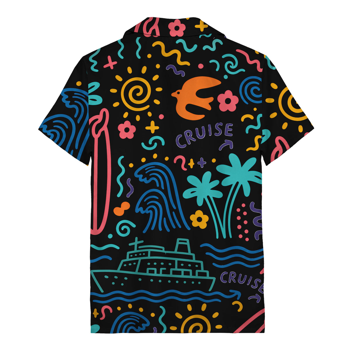 cartoon cruise ship palm trees surfboards wave hawaiian shirt