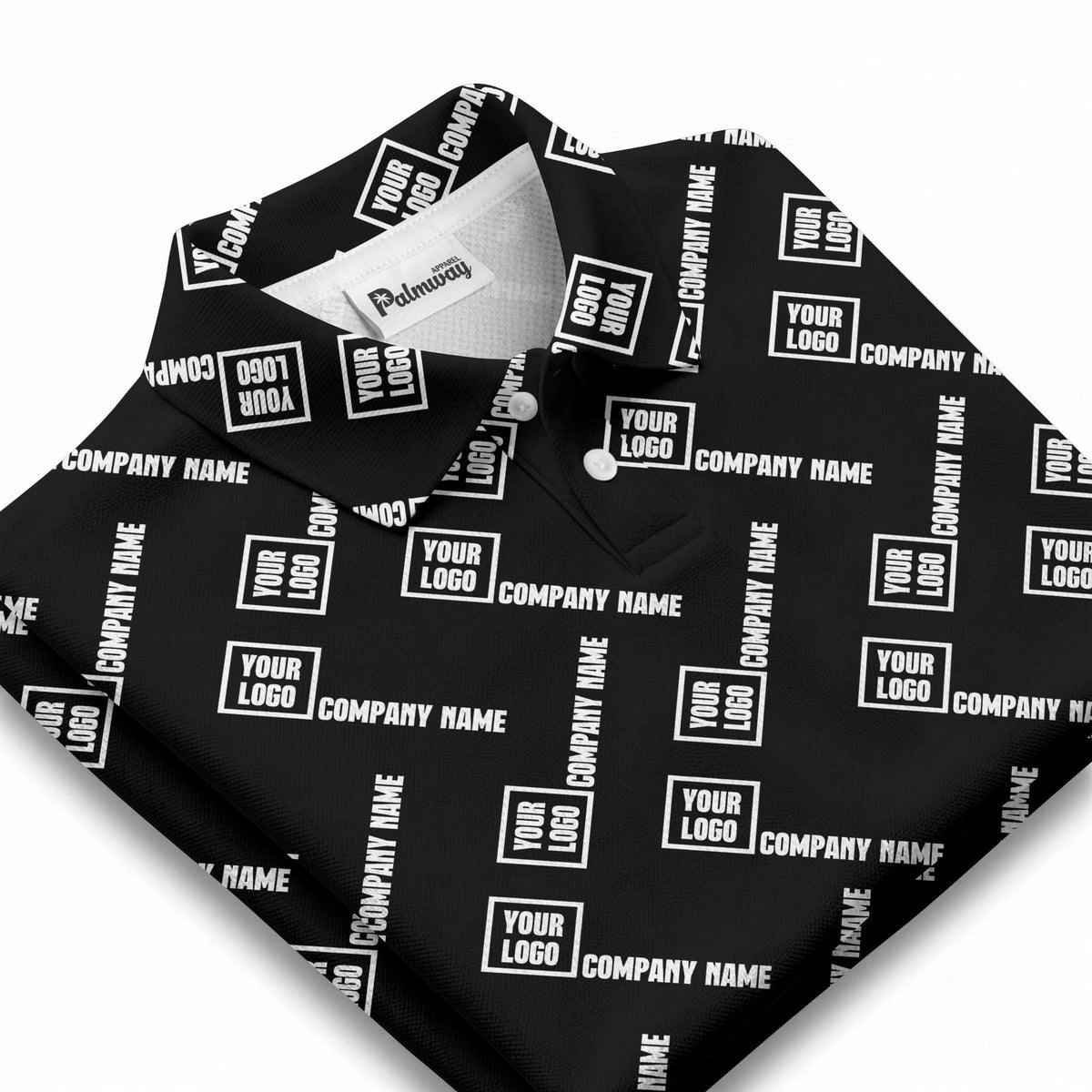 custom logo & company name repeat pattern black polo shirt for men