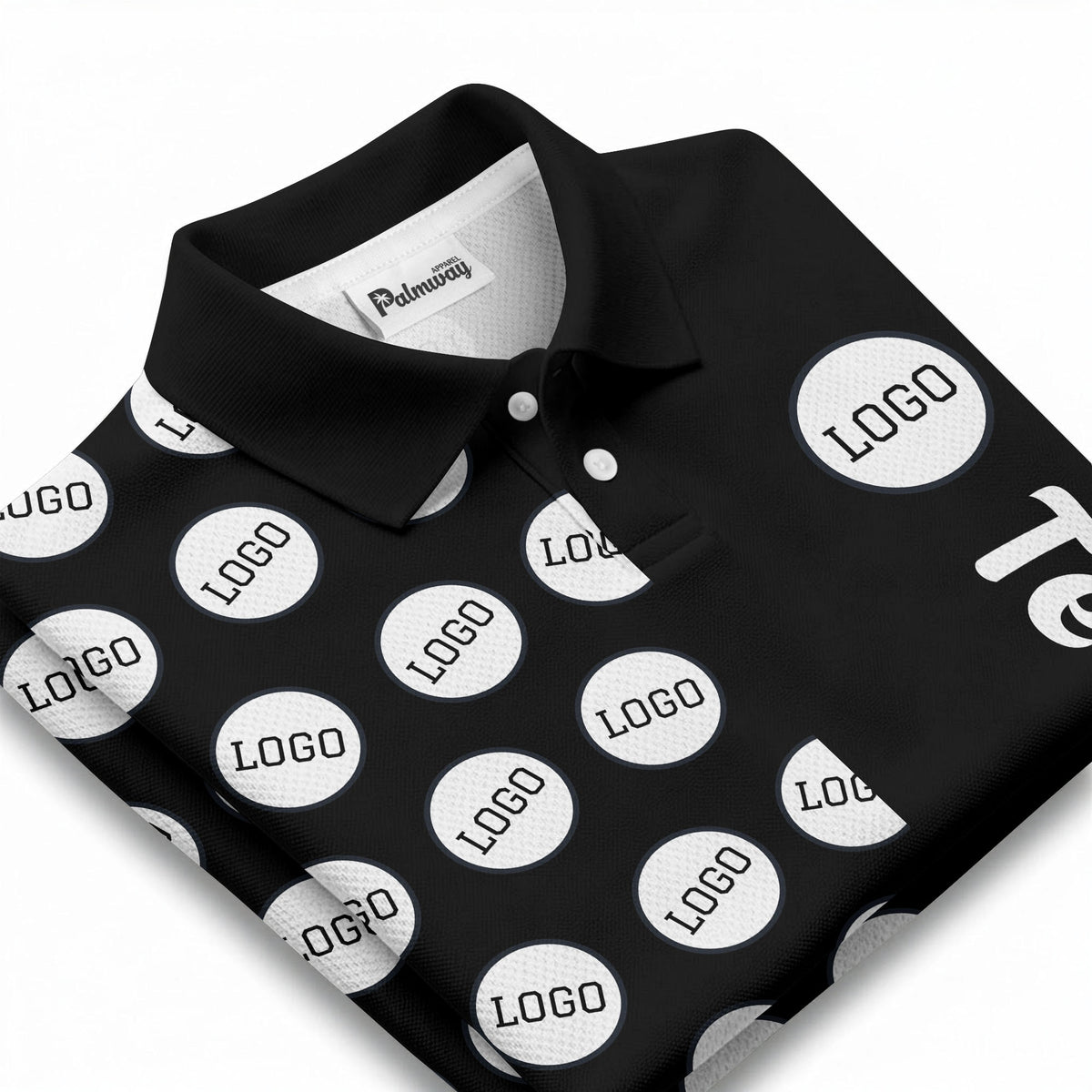 custom team logo polka dot repeat black & white polo shirt for men