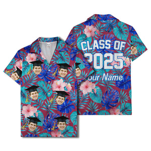 graduation caps tossed over hibiscus blooms on monstera hawaiian shirt