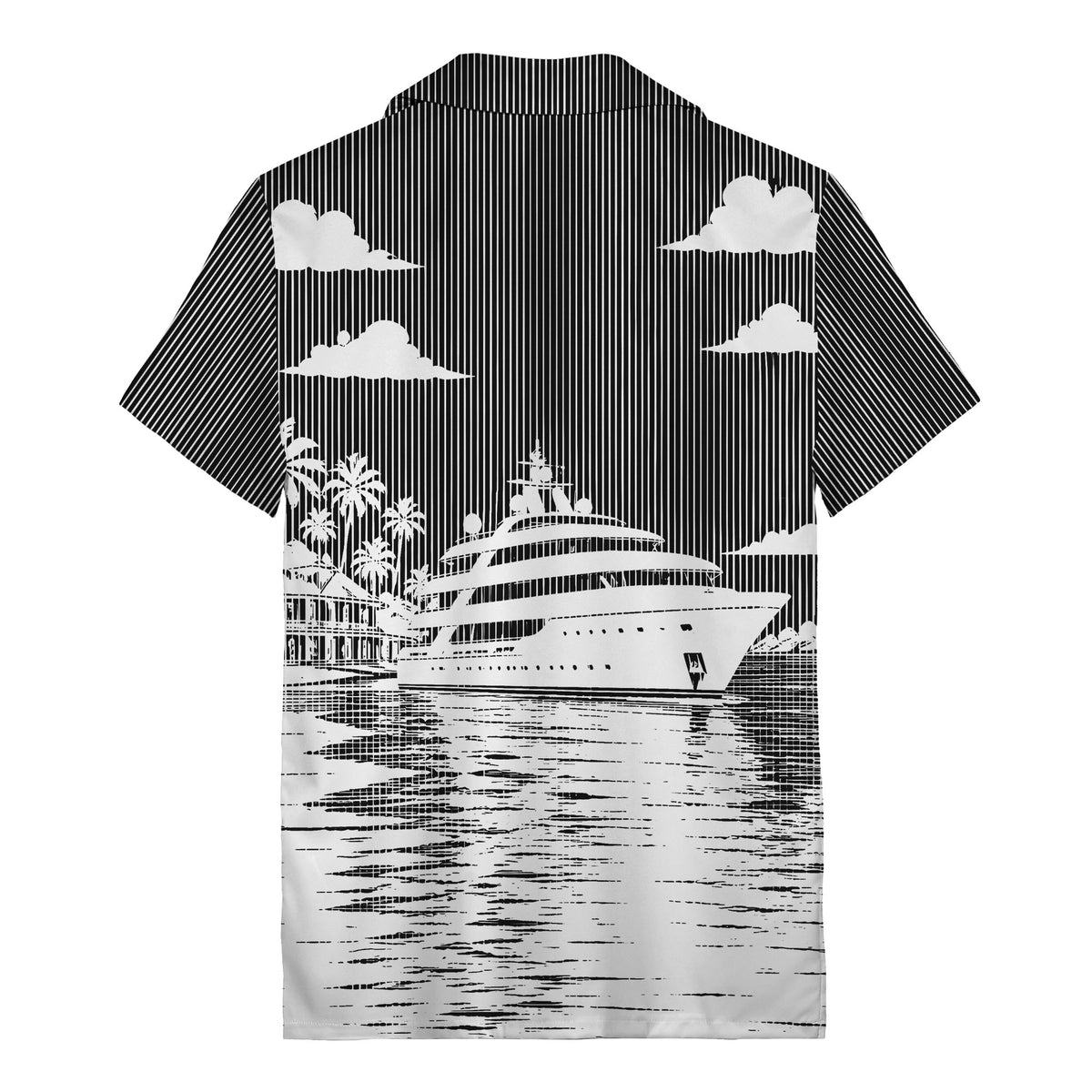 luxury yacht & palm trees tropical beach scene hawaiian shirt