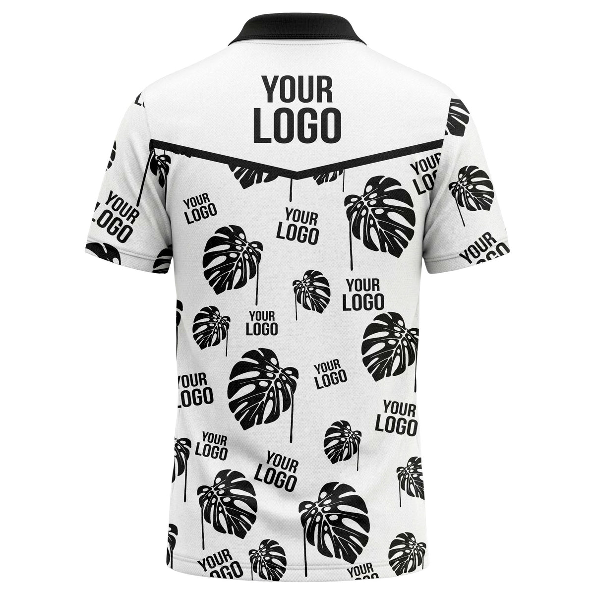 monstera leaves & custom logo repeat black white hawaiian polo shirt