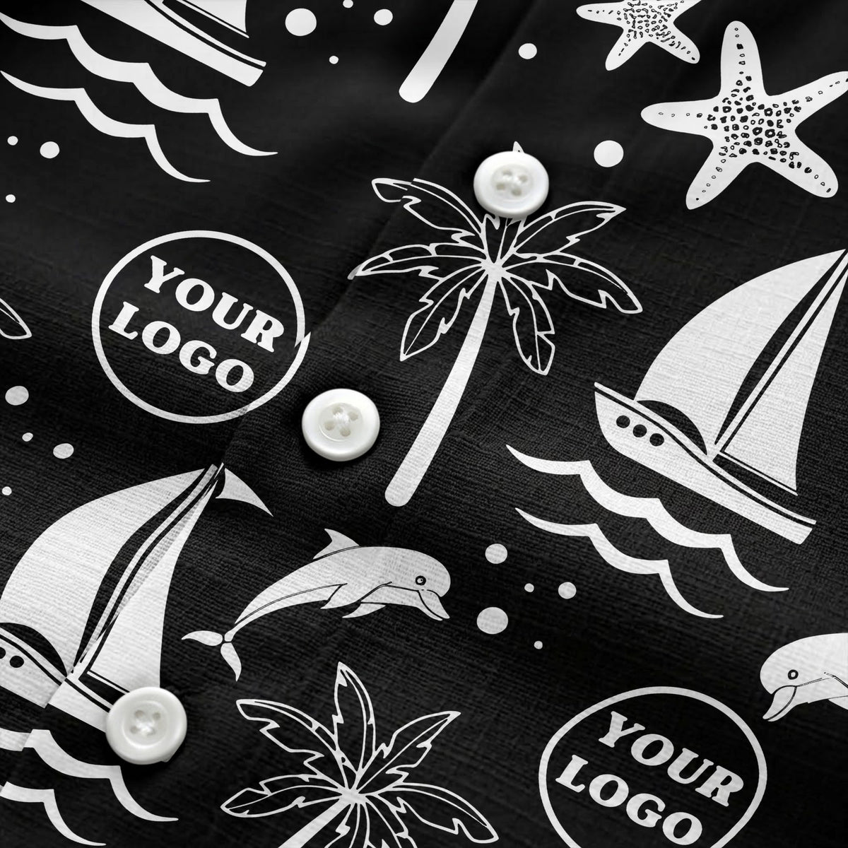 sailboats dolphins palm trees starfish repeat pattern black white hawaiian shirt