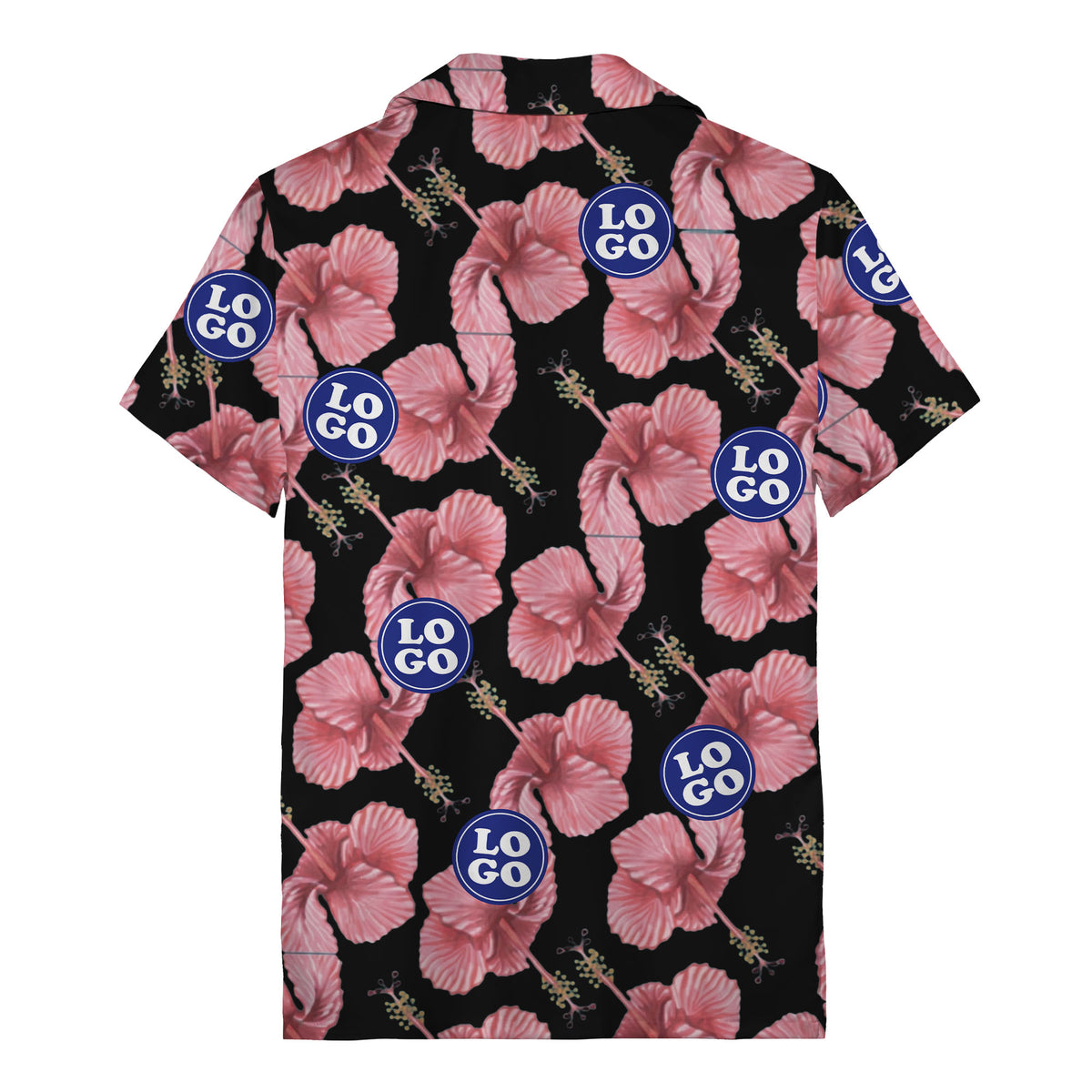 watercolor pink hibiscus & blue logo repeat aloha hawaiian shirt