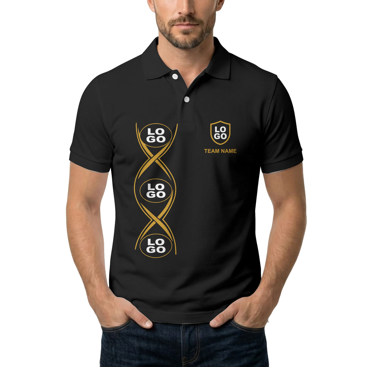 black gold infinity spiral shield team name graphic polo shirt for men