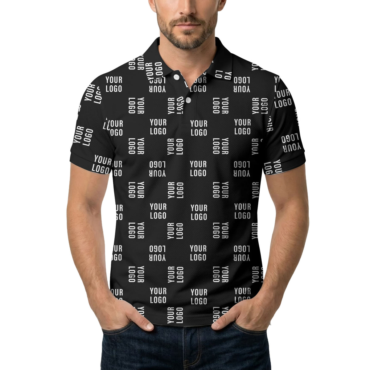 black repeat custom logo text pattern polo shirt for men