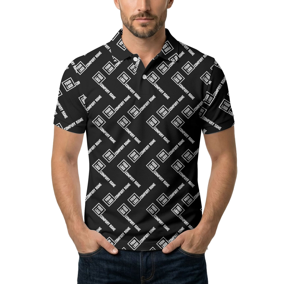 custom logo & company name repeat pattern black polo shirt for men