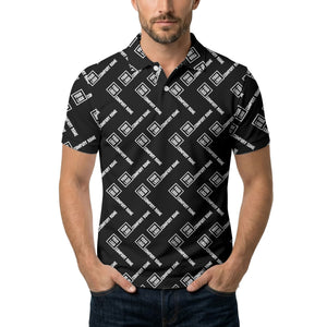 custom logo & company name repeat pattern black polo shirt for men