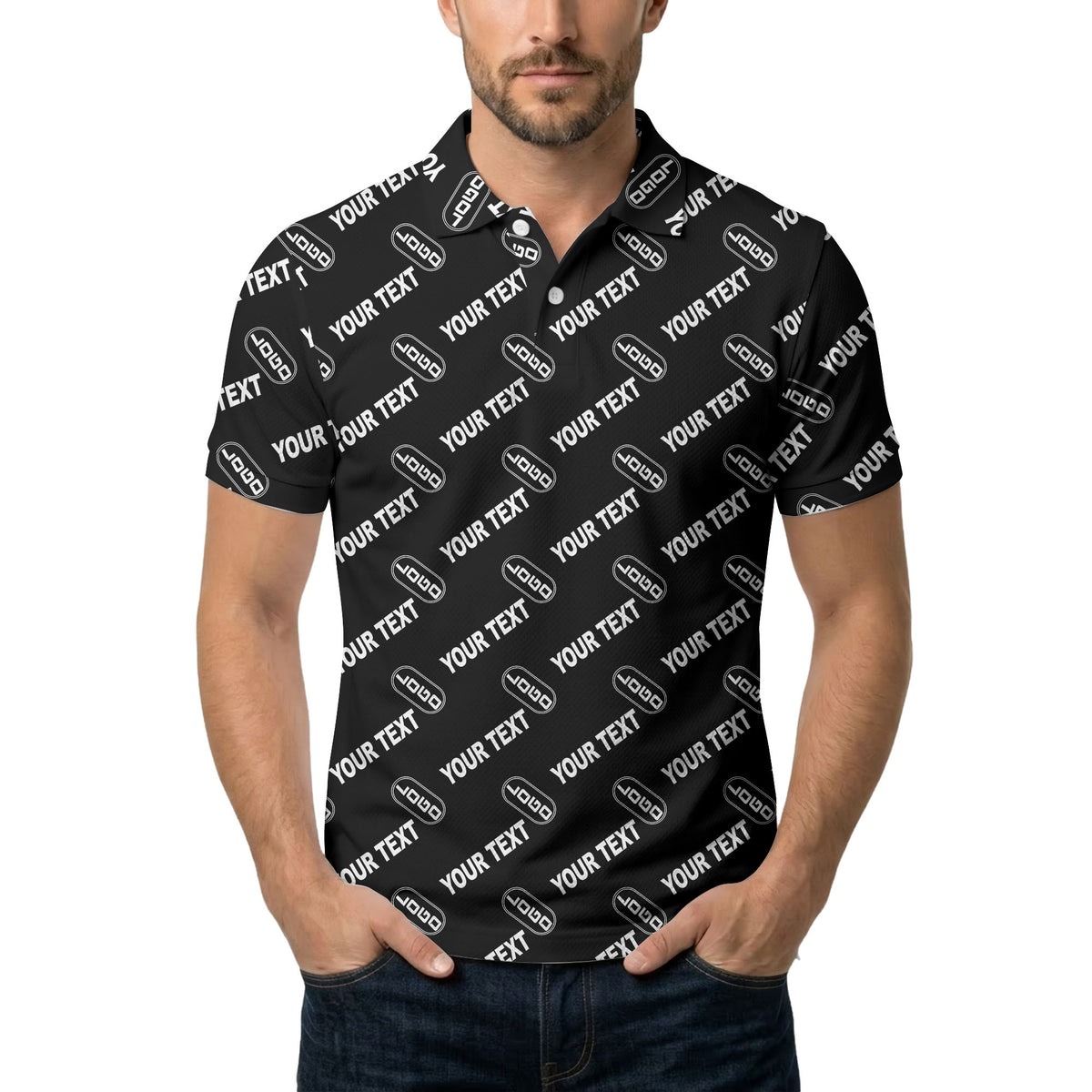 custom logo & monogram text repeat pattern black polo shirt for men