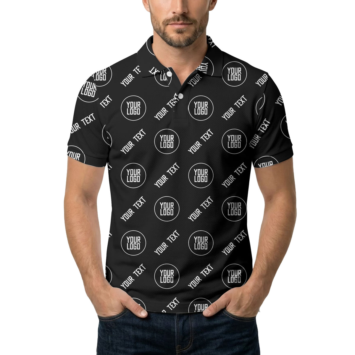 custom logo & text repeat pattern black personalized polo shirt for men