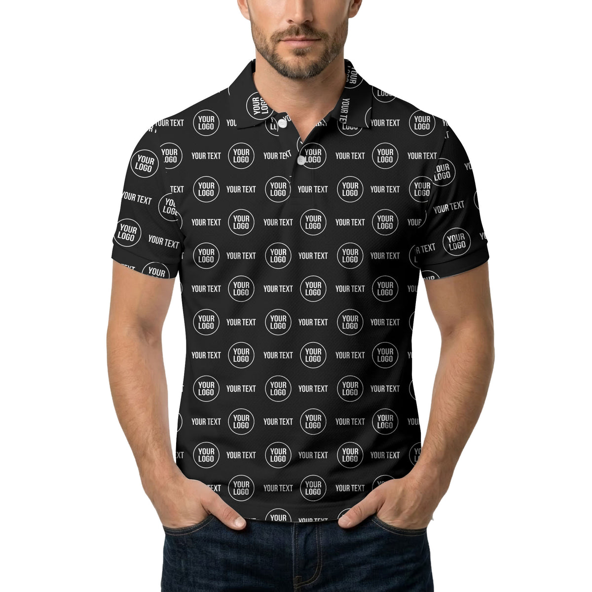 custom logo & text repeat pattern black polo shirt for men