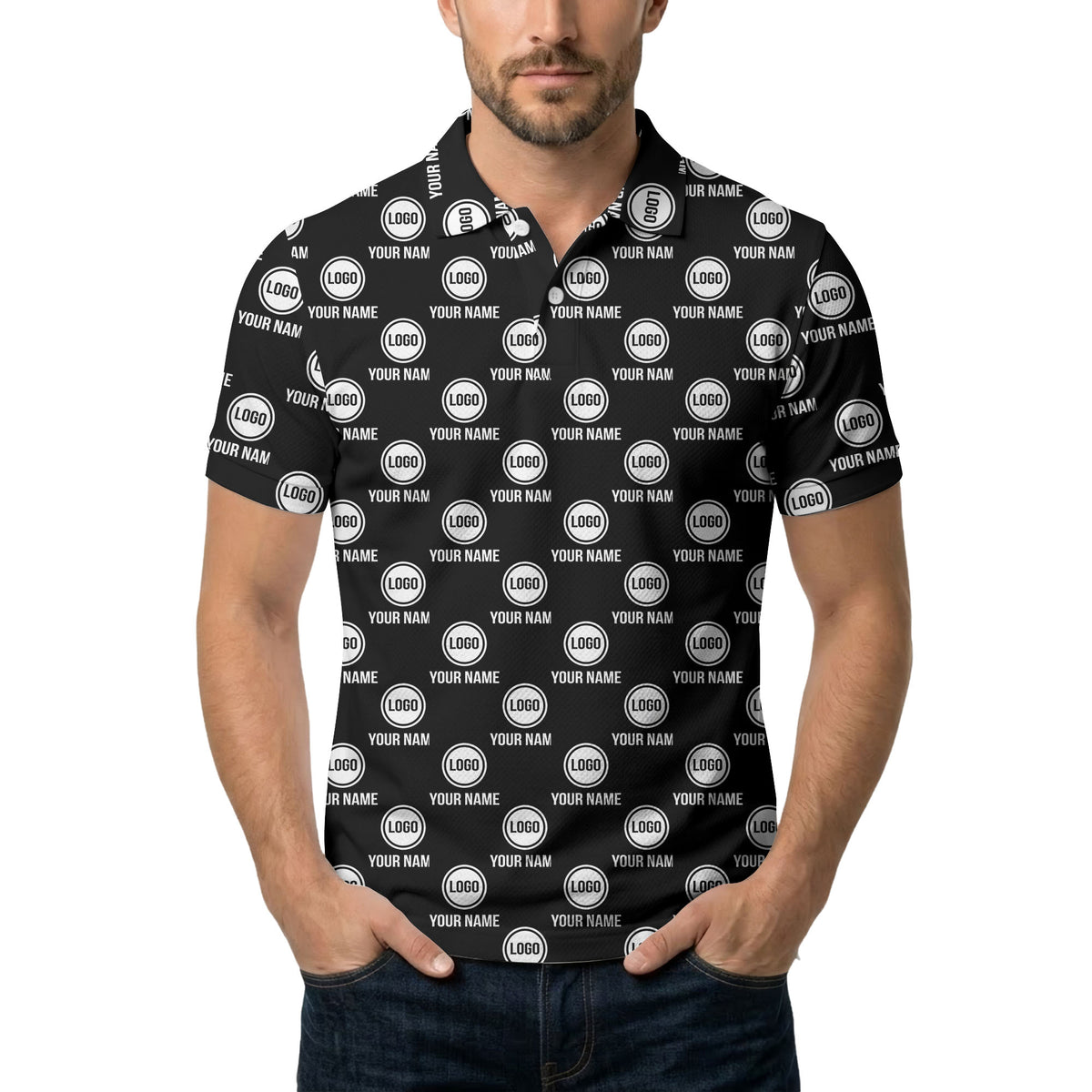 custom name & logo repeat circle pattern black polo shirt