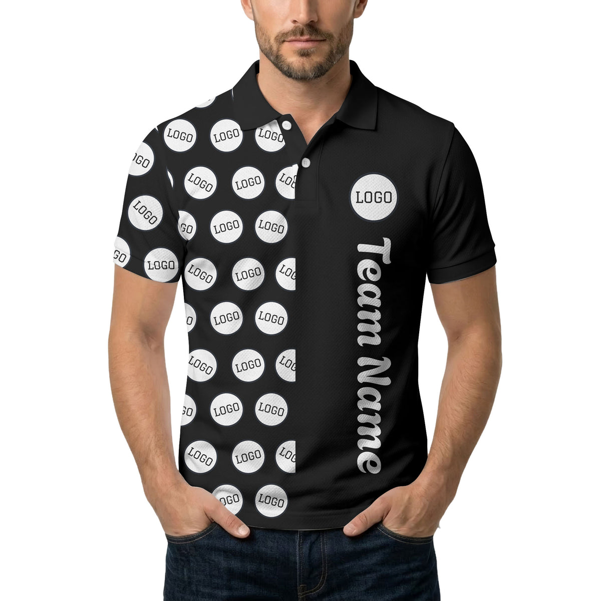 custom team logo polka dot repeat black & white polo shirt for men