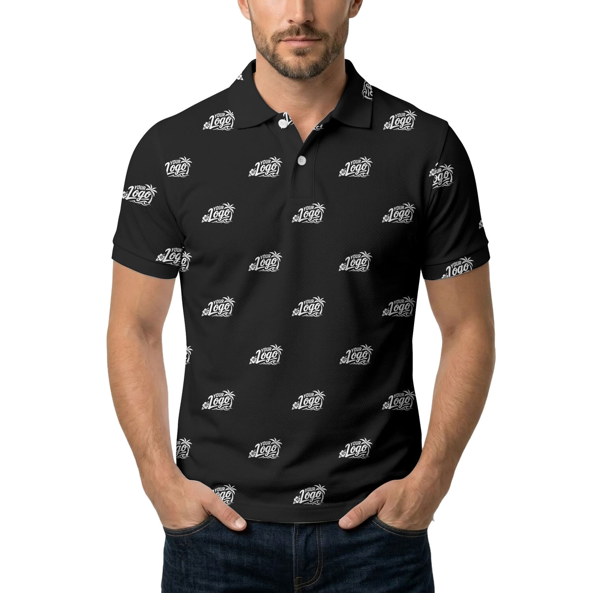 your logo repeat pattern black customizable professional polo shirt