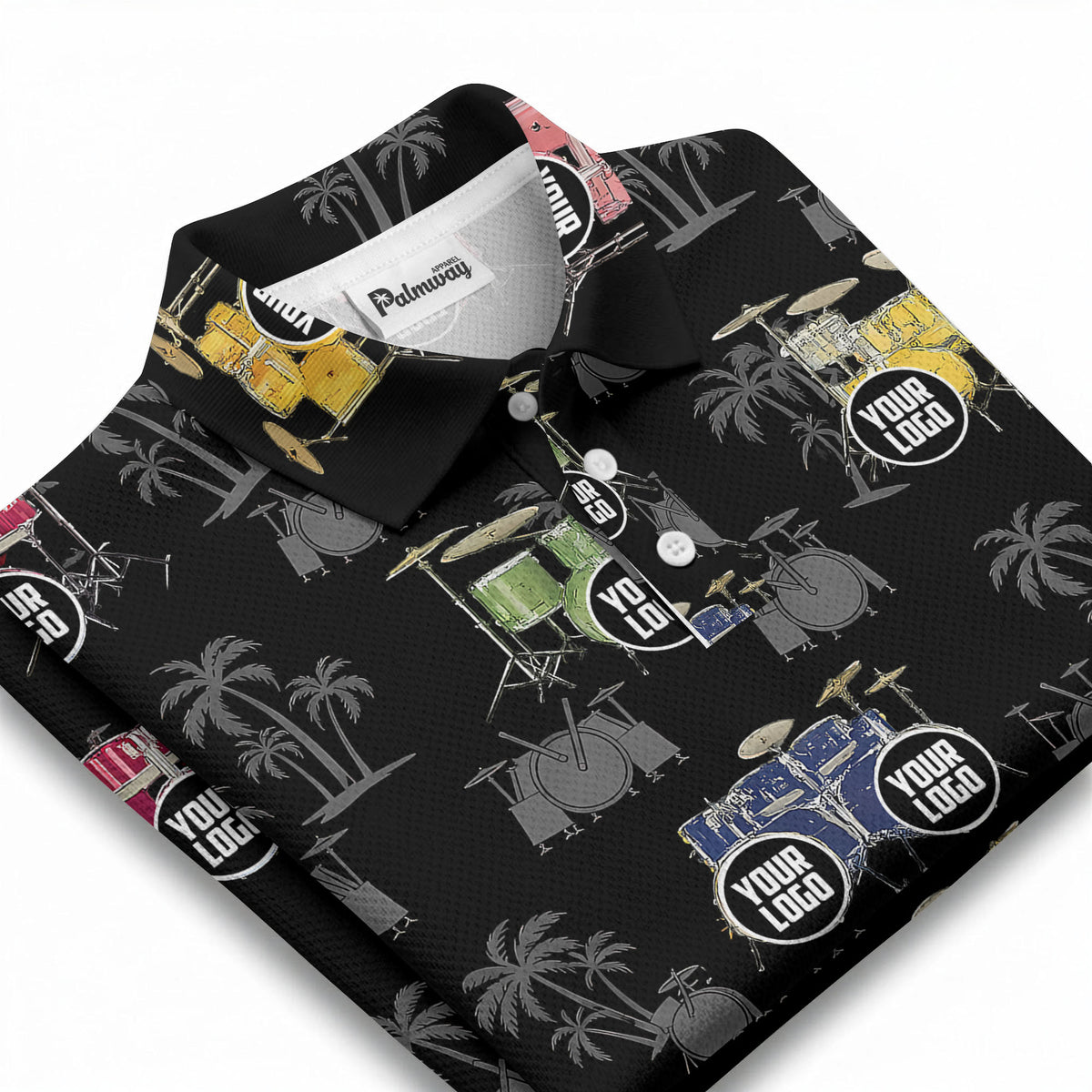 drum kit & palm tree repeat rock band polo shirt for men
