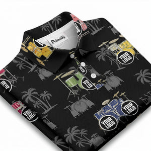 drum kit & palm tree repeat rock band polo shirt for men