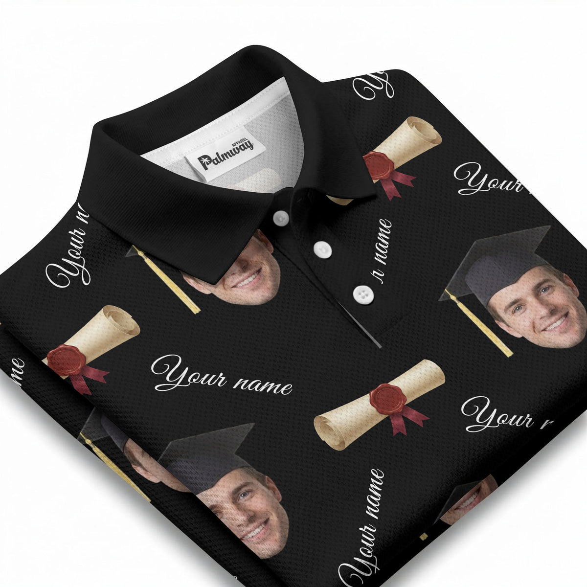 graduation caps & diploma scrolls over personalized faces polo shirt