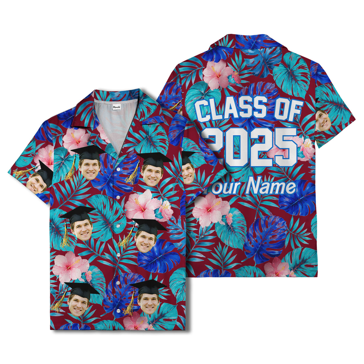 graduation caps tossed over hibiscus blooms on monstera hawaiian shirt