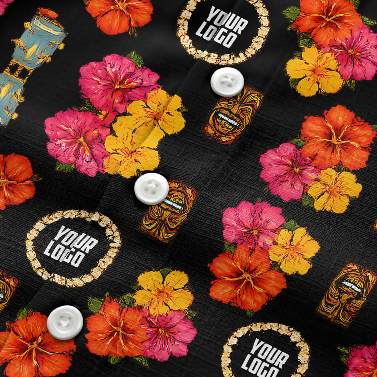 hibiscus & tiki masks all-over print hawaiian shirt for beach getaway