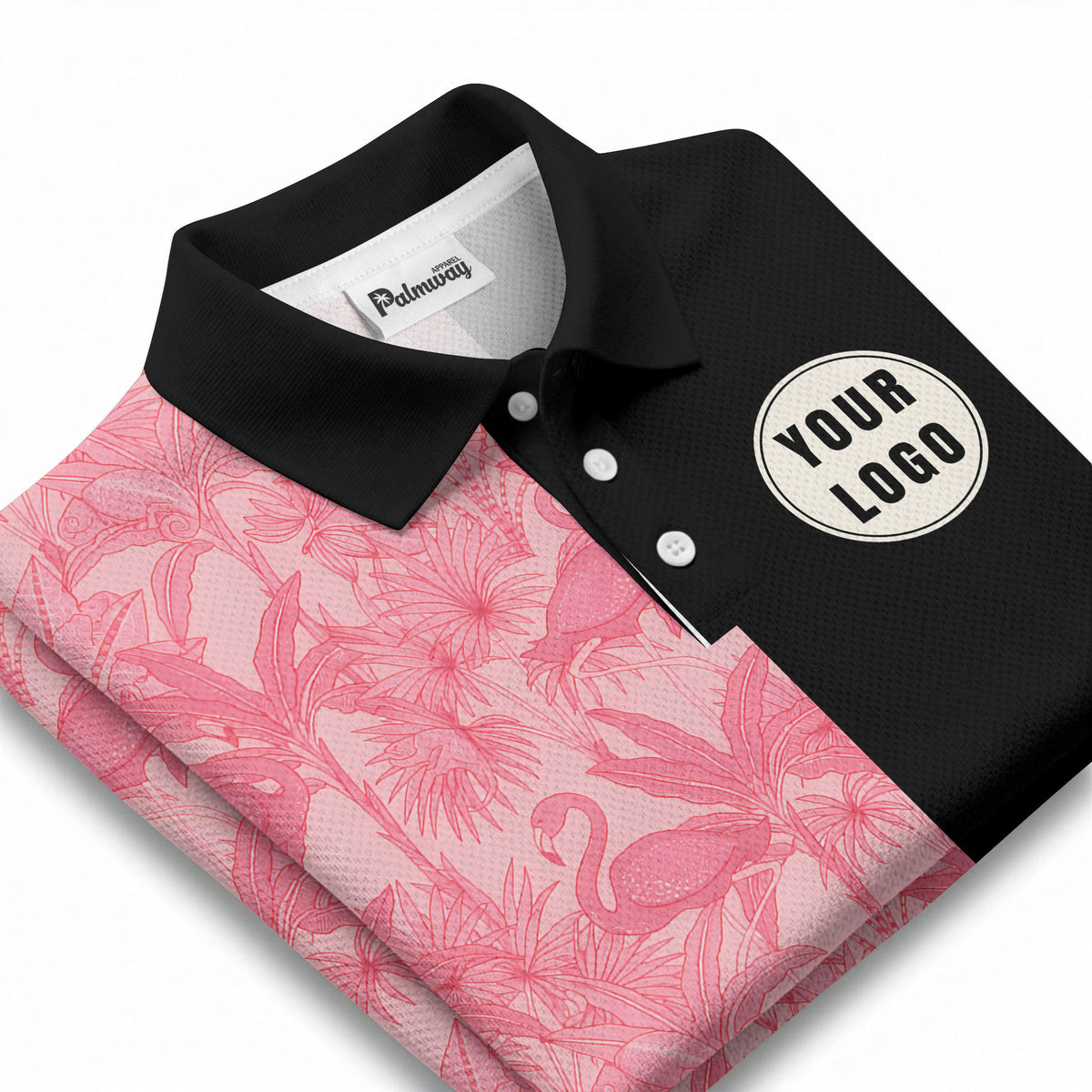 pink flamingo & tropical leaves patterned hawaiian shirt polo shirt