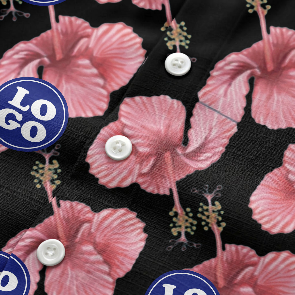 watercolor pink hibiscus & blue logo repeat aloha hawaiian shirt