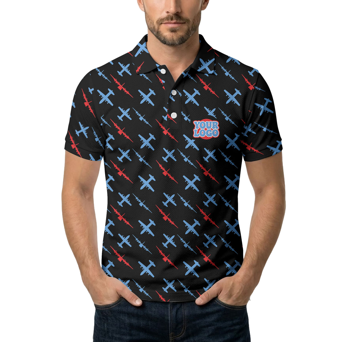 airplane silhouette repeat aviation graphic polo shirt for men