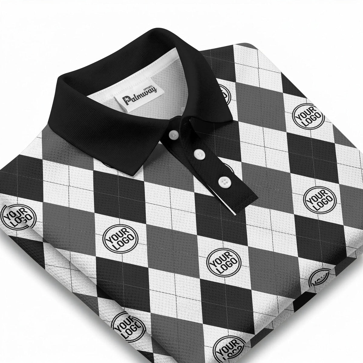 black white argyle diamond repeat pattern polo shirt with custom logo