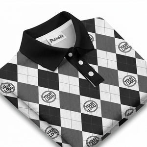 black white argyle diamond repeat pattern polo shirt with custom logo