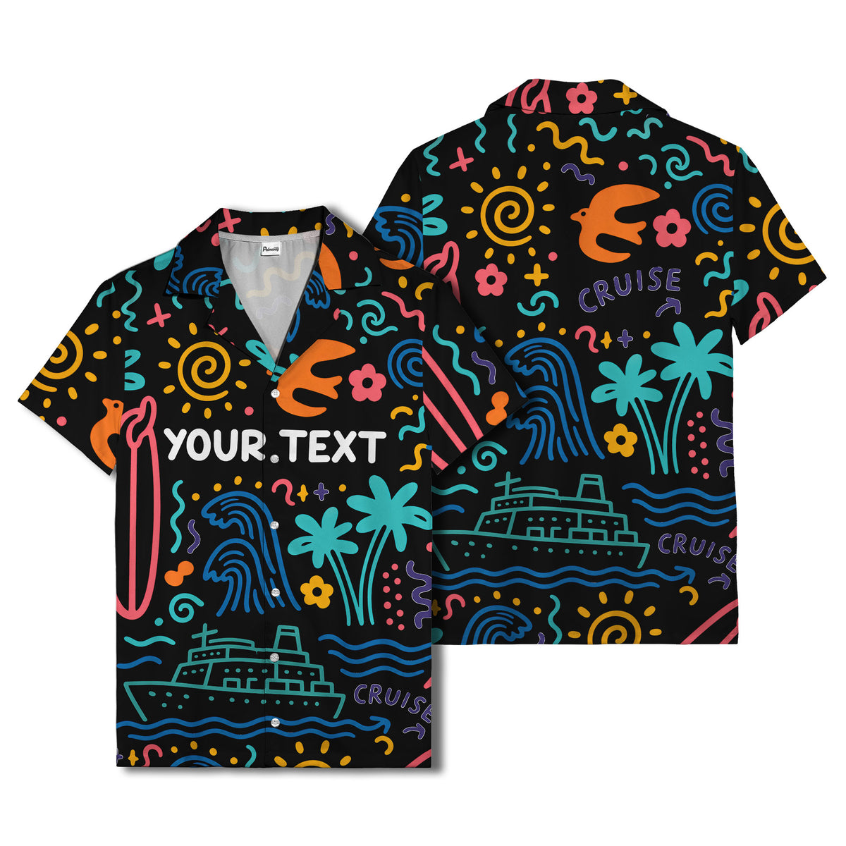cartoon cruise ship palm trees surfboards wave hawaiian shirt