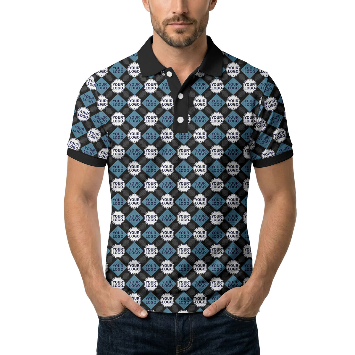 custom diamond grid circular logos polo shirt for men